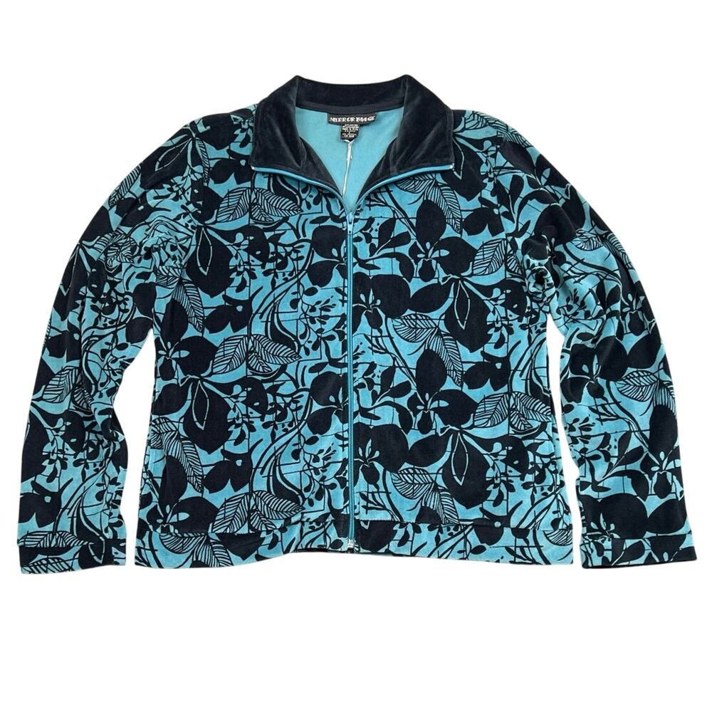 NWT Mirror Image Y2K Teal Black Floral Zip Jacket Velour Trim Size L